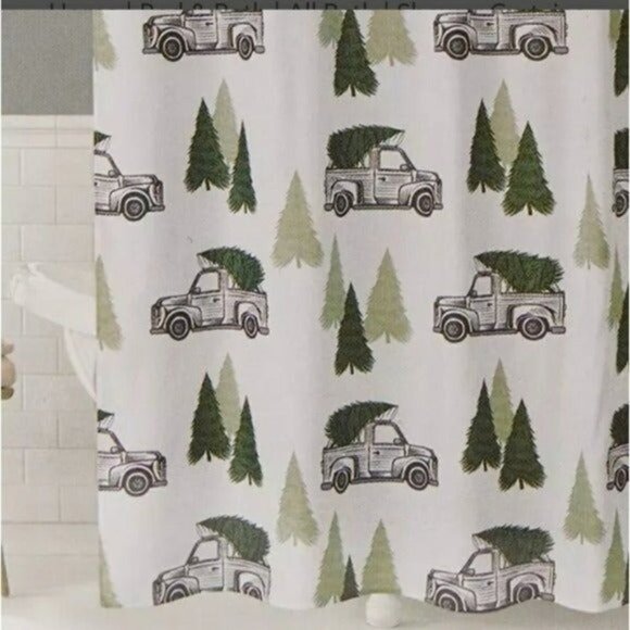 Chirstmas Holiday White & Green Jolly Truck 13-Piece Shower Curtain Set - Picture 2 of 7